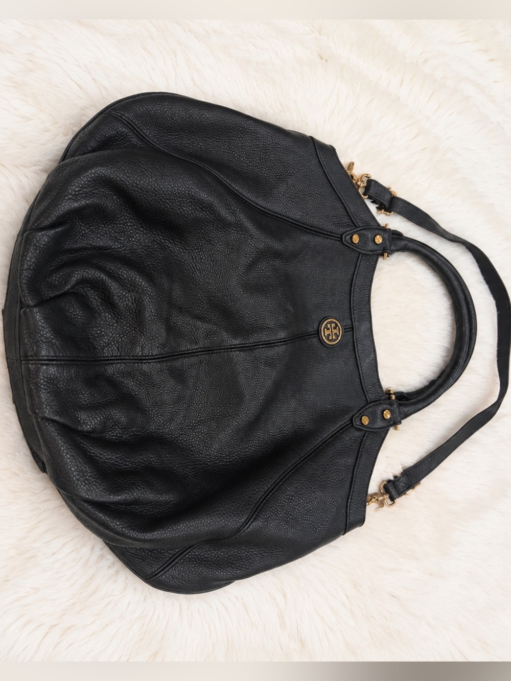 Tory Burch Black Pebbled Leather Shoulder Bag with Gold Hardware